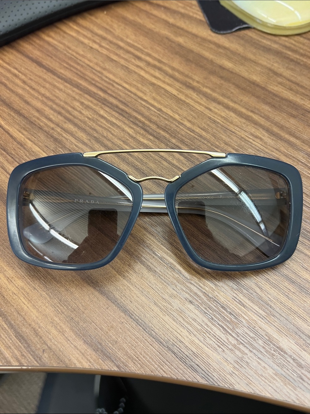 Prada Women's Dark Blue Square Sunglasses with Gold Double Bridge